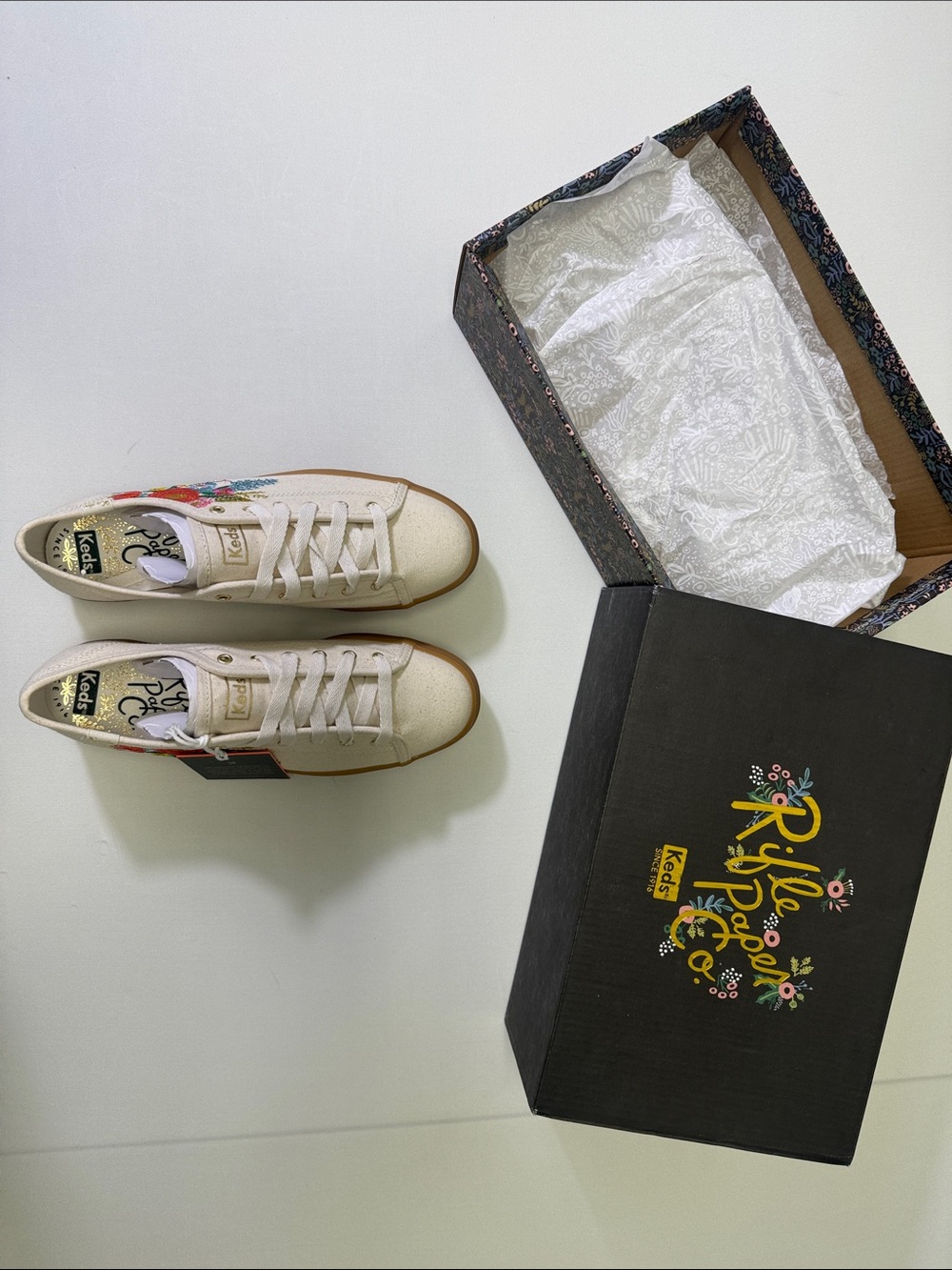 Keds x Rifle Paper Co. Cream Canvas Sneakers with Floral Embroidery (Size 7) - Picture 2 of 5